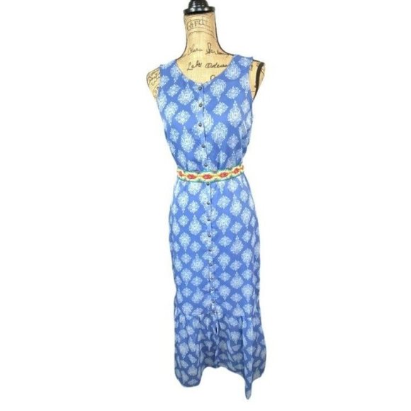 Lucky Brand Blue Ikat Maxi Dress Small Sleeveless Ruffle Bottom Buttons - Picture 2 of 12